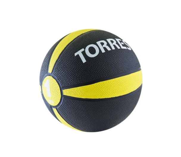 Медбол TORRES 1 кг, резина, диаметр 19,5 см, черно-желто-белый