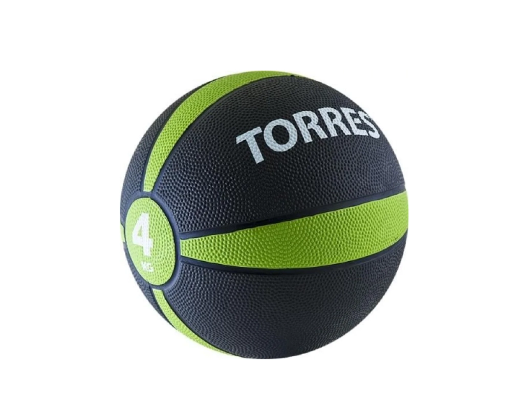 Медбол TORRES 4 кг, резина, d21,9 см, черно-зелено-белый