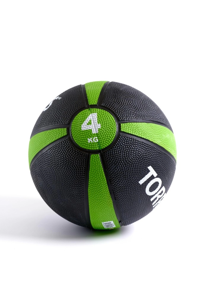 Медбол TORRES 4 кг, резина, d21,9 см, черно-зелено-белый