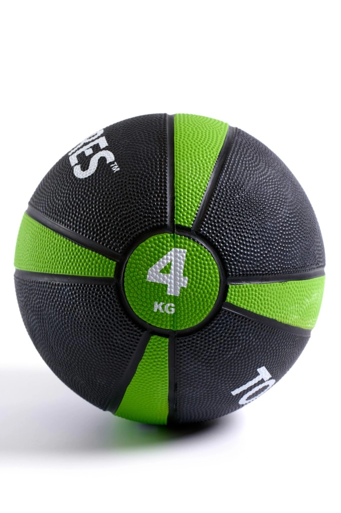 Медбол TORRES 4 кг, резина, d21,9 см, черно-зелено-белый